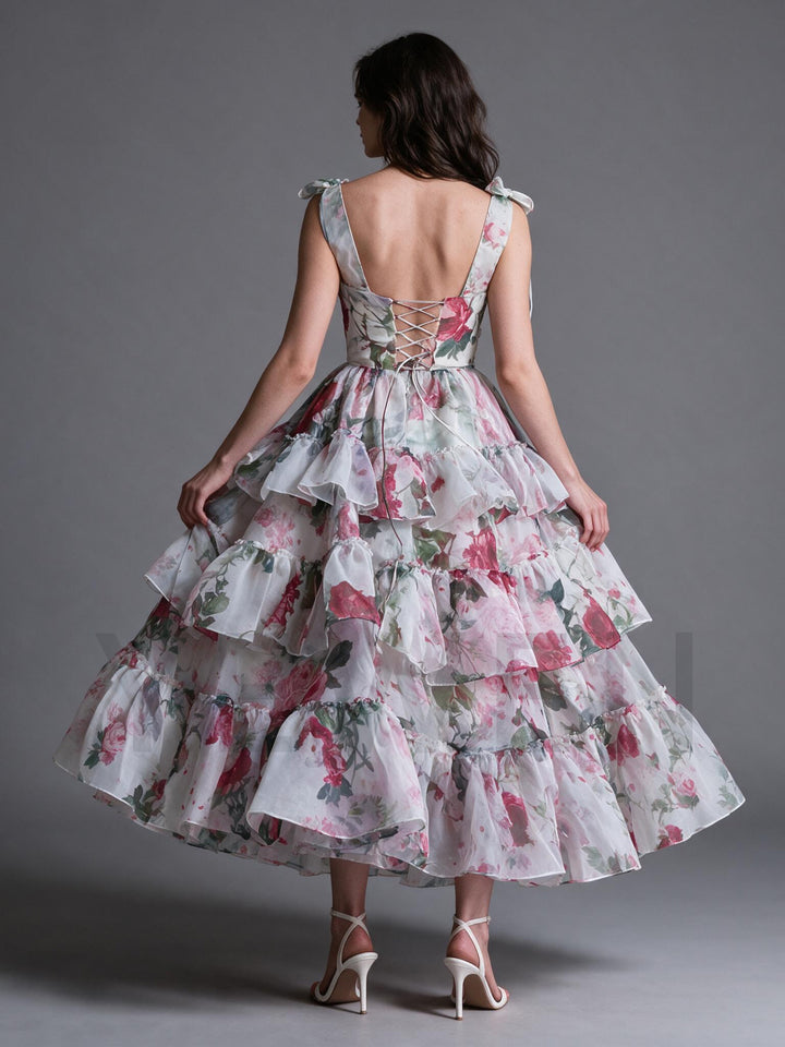 Watercolor Floral Tiered Ruffle Shoulder Tie Princess Dress YW2610164