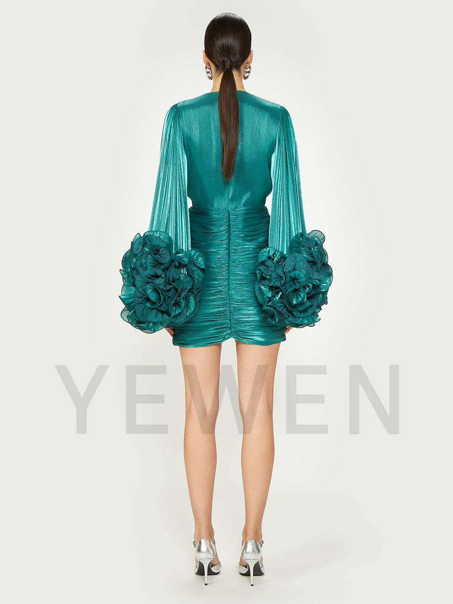 Teal Blue Short Prom Party Dress Fold Mini Dress Slim Night Party Gown