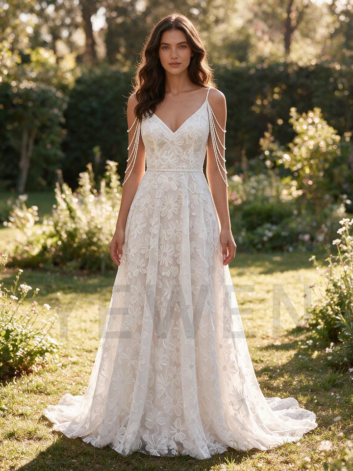 Ivory Spaghetti Strap Floral Lace Boho Wedding Dress with Draped Pearl