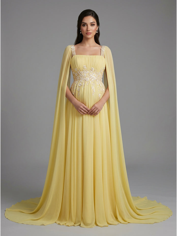 Chiffon Cape Sleeve Floral Sequin Maternity Baby Shower Dress YD260928