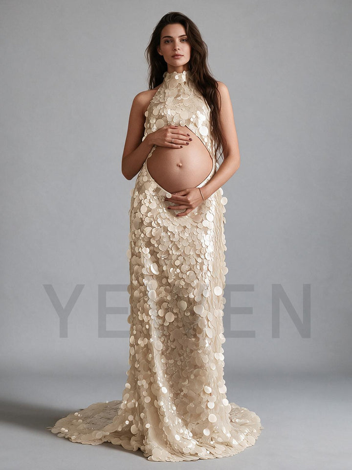 Halter Cutout Belly Sequin Maternity Baby Shower Dress YW2609233