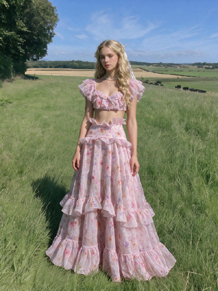Pink Floral Two-Piece Princess Dress | Ruffled Crop Top & Tiered Long Skirt WT268008