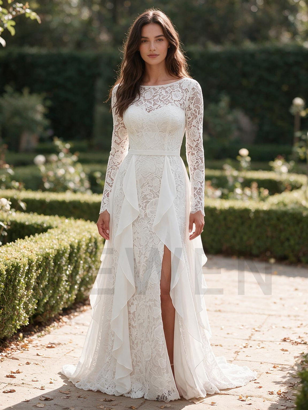 Ivory Fitted Lace Bodice Sheer Long Sleeve Boho Wedding Dress