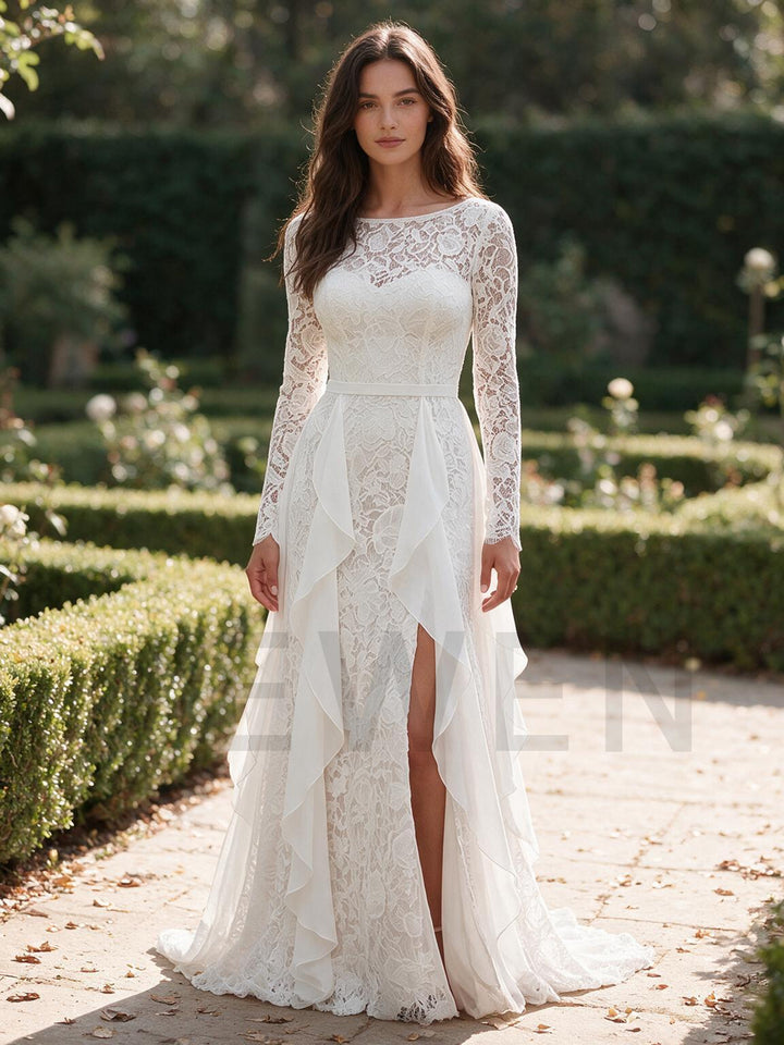 Ivory Fitted Lace Bodice Sheer Long Sleeve Boho Wedding Dress