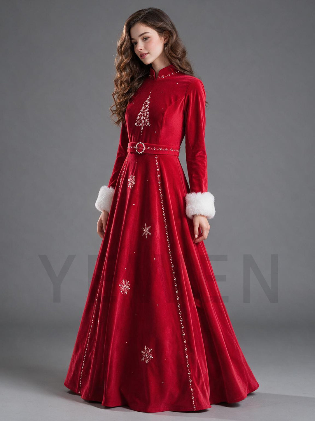 Red Velvet Mandarin Collar Rhinestone Christmas Dress with Fur Cuffs