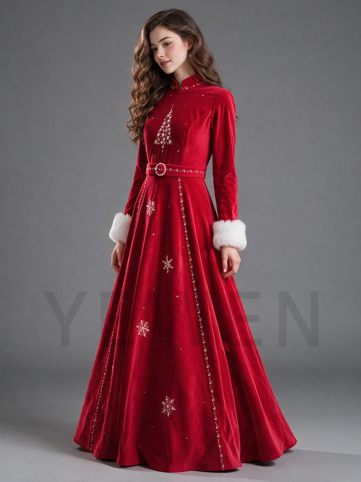Red Velvet Mandarin Collar Rhinestone Christmas Dress with Fur Cuffs