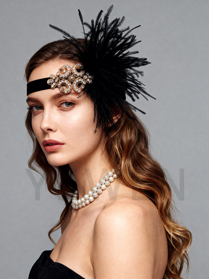 Hair Accessories Head Wrap Gatsby Style Black Feather Headpiece with Crystal Headpiece for Photography YW2603062D