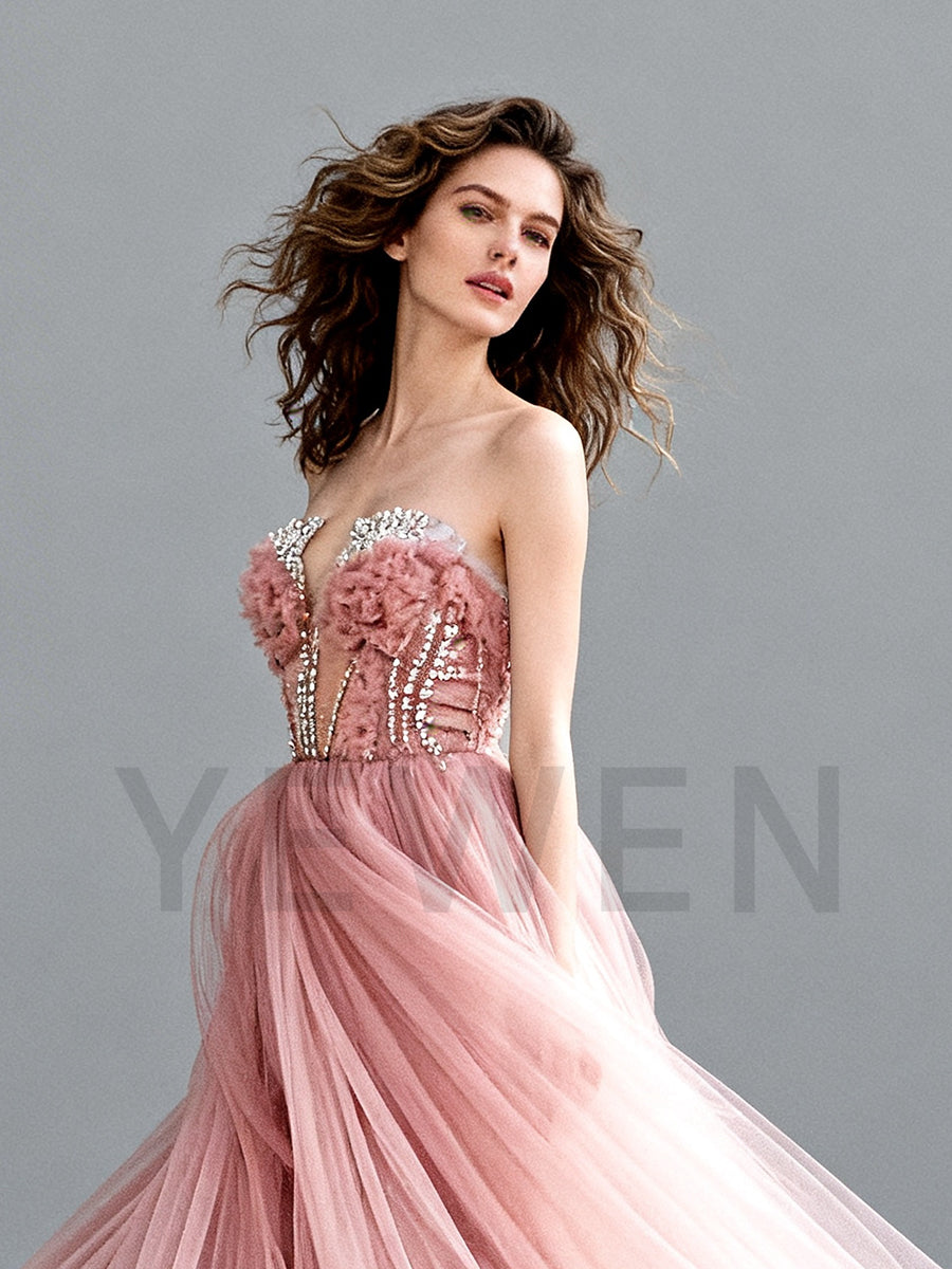 Customized Dusty Pink Beaded Tulle Dress Strapless Ruffles Skirt Occasion Dress