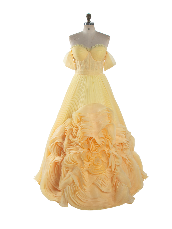 Modern Style Customized Yellow Ruched Long Formal Dress Strapless Evening Gown YW260273