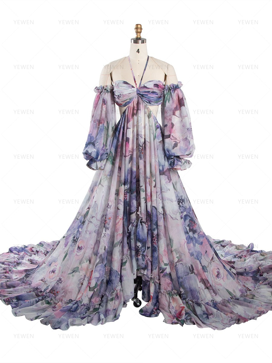 Bohemian Printed Chiffon Maternity Dress for Photoshoot Pregnancy Dress Photoshoot YW240526