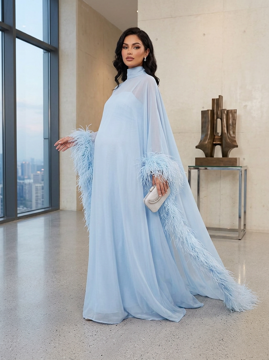 Blue Ostrich Feather Cape Maternity Baby Shower Dress