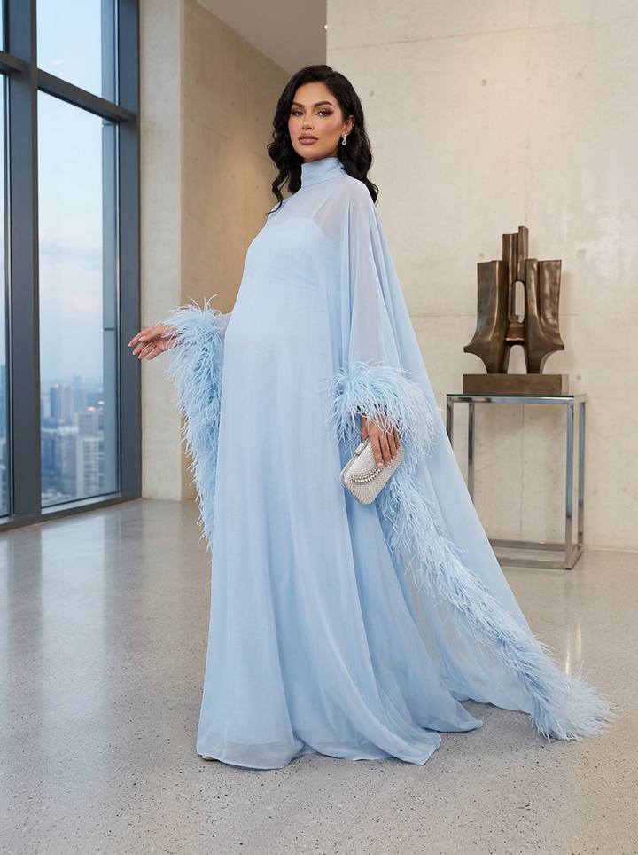 Blue Ostrich Feather Cape Maternity Baby Shower Dress