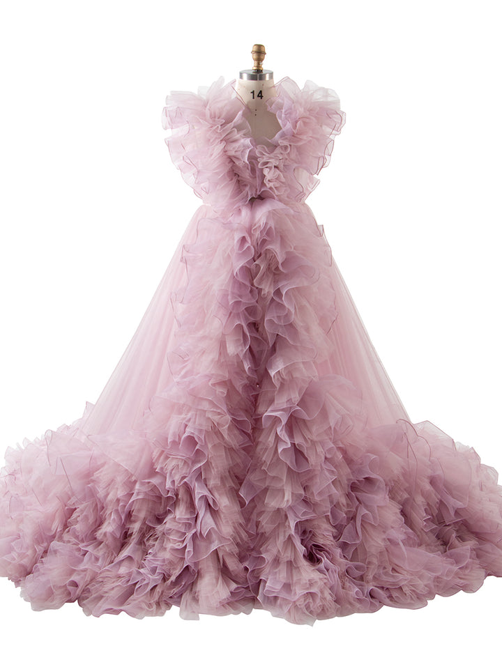 60cm Train Ruffles Tulle with Organza Wedding Dress Photo Shoot Dress YW230920-1