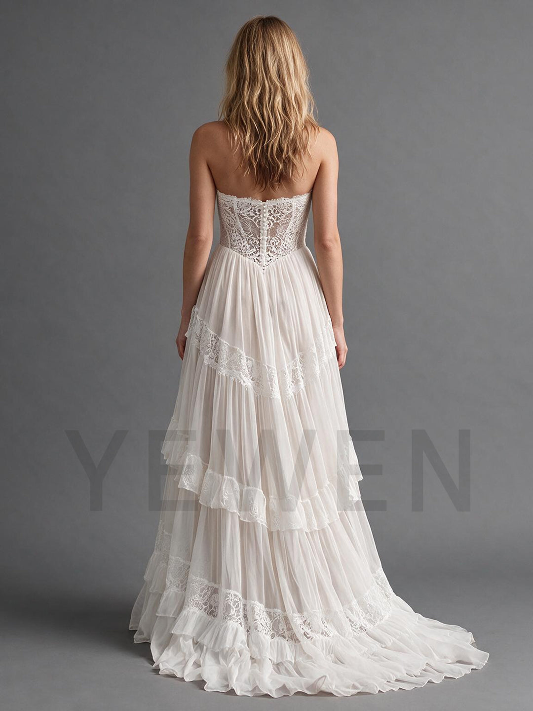 Ivory Strapless Sweetheart Lace Boho Wedding Dress with Tiered Ruffle Skirt