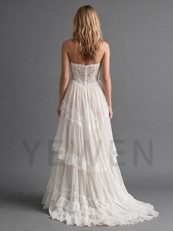 Ivory Strapless Sweetheart Lace Boho Wedding Dress with Tiered Ruffle Skirt