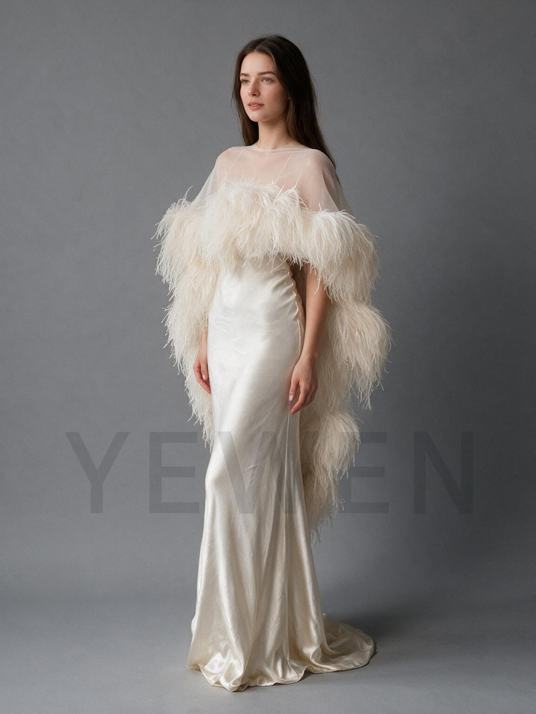 Ivory Sheer Cape Ostrich Feather Satin Evening Gown YW2610063