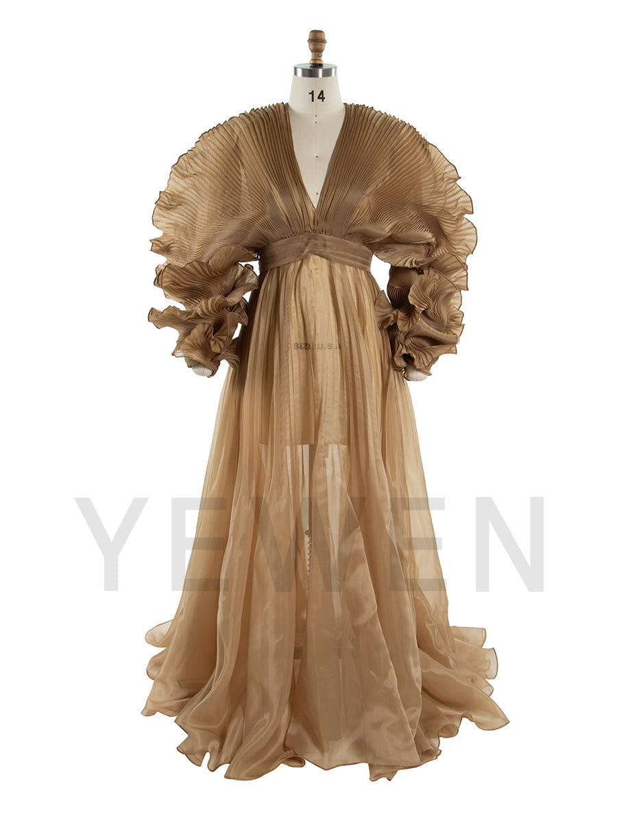 V Neck Pleated Organza Maternity Dresses for Photoshoot Long Dress for Maternity Shoot Baby Shower Dresses YW243116