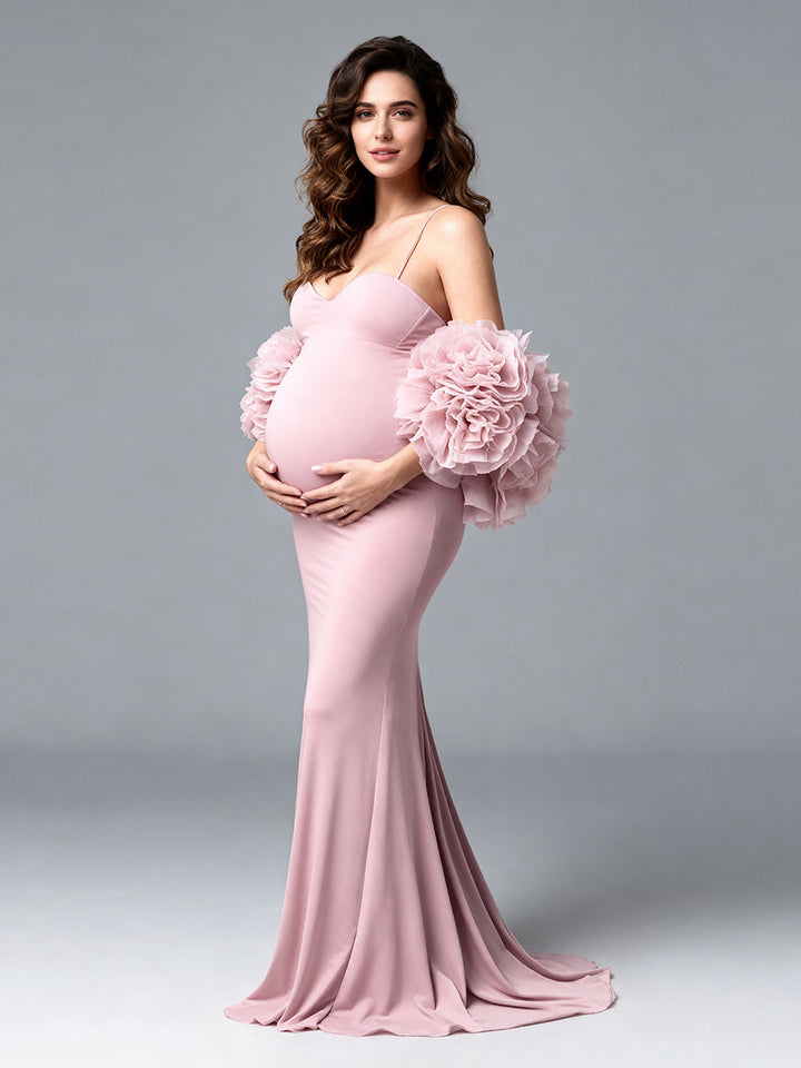 Pink Rose Cape Maternity Dress Photoshoot 2 Piece Set Gown