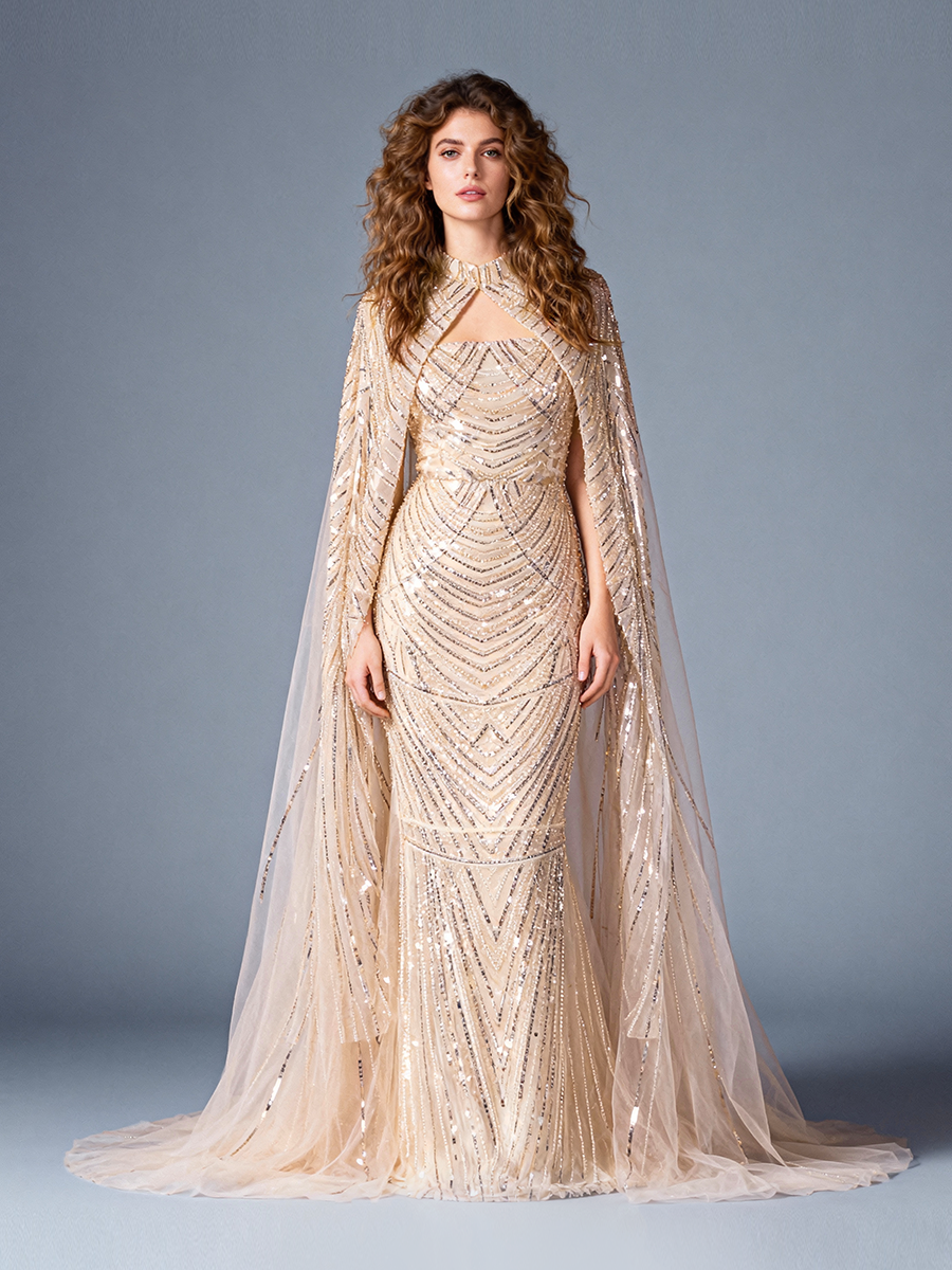 Luxury Hand-beaded Formal Evening Dress with Cape Special Events Dress yewendress Luxury Hand-beaded Formal Evening Dress with Cape Special Events Dress yewendress