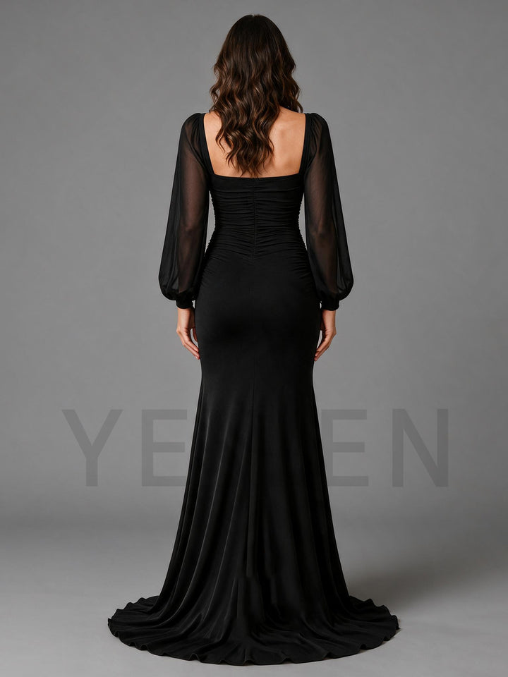 Ruched Black Mermaid Maternity Gown High Slit Sheer Sleeve Baby Shower Dress