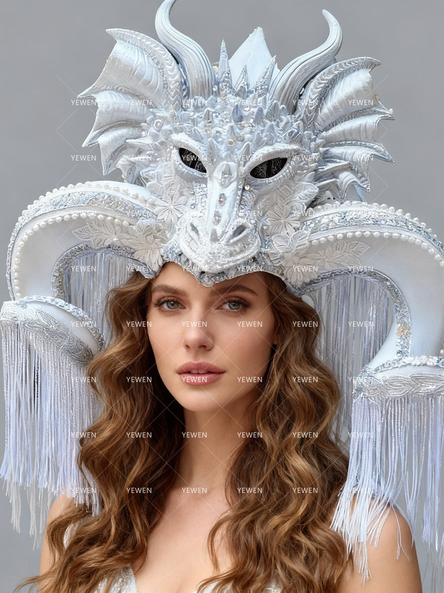 Hair Accessories Silver Dragon Mask Headpiece with Fringes Fantasy Cosplay Headdress for Carnival Photoshoot YW2603142D
