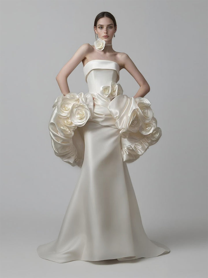 Fashin 3D Satin Flowers Wedding Cape with The Dress Bridal Gown Customised