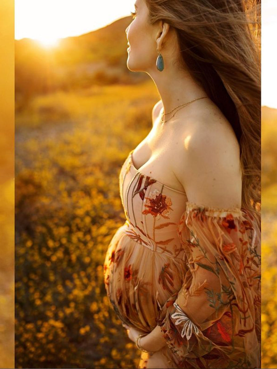 Off Shoulder Long Sleeve Embroidery Lace Colored Wedding Dress Photo Shoot Dress YW230320