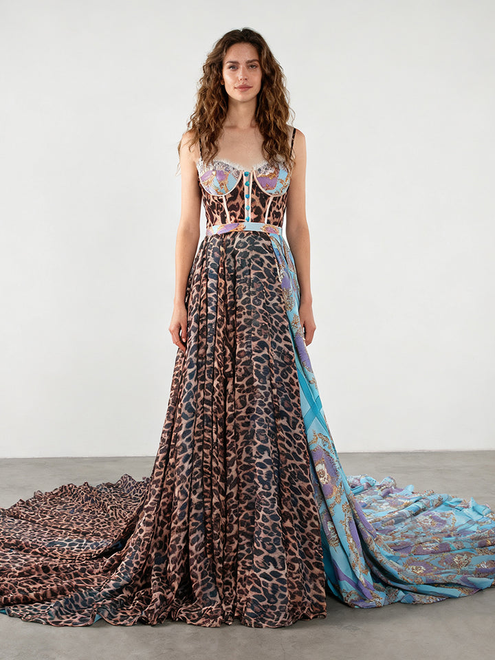 Luxury Leopard Print & Baroque Mixed Pattern Maxi Dress with Train for Women Photoshoot Outfit YW250066