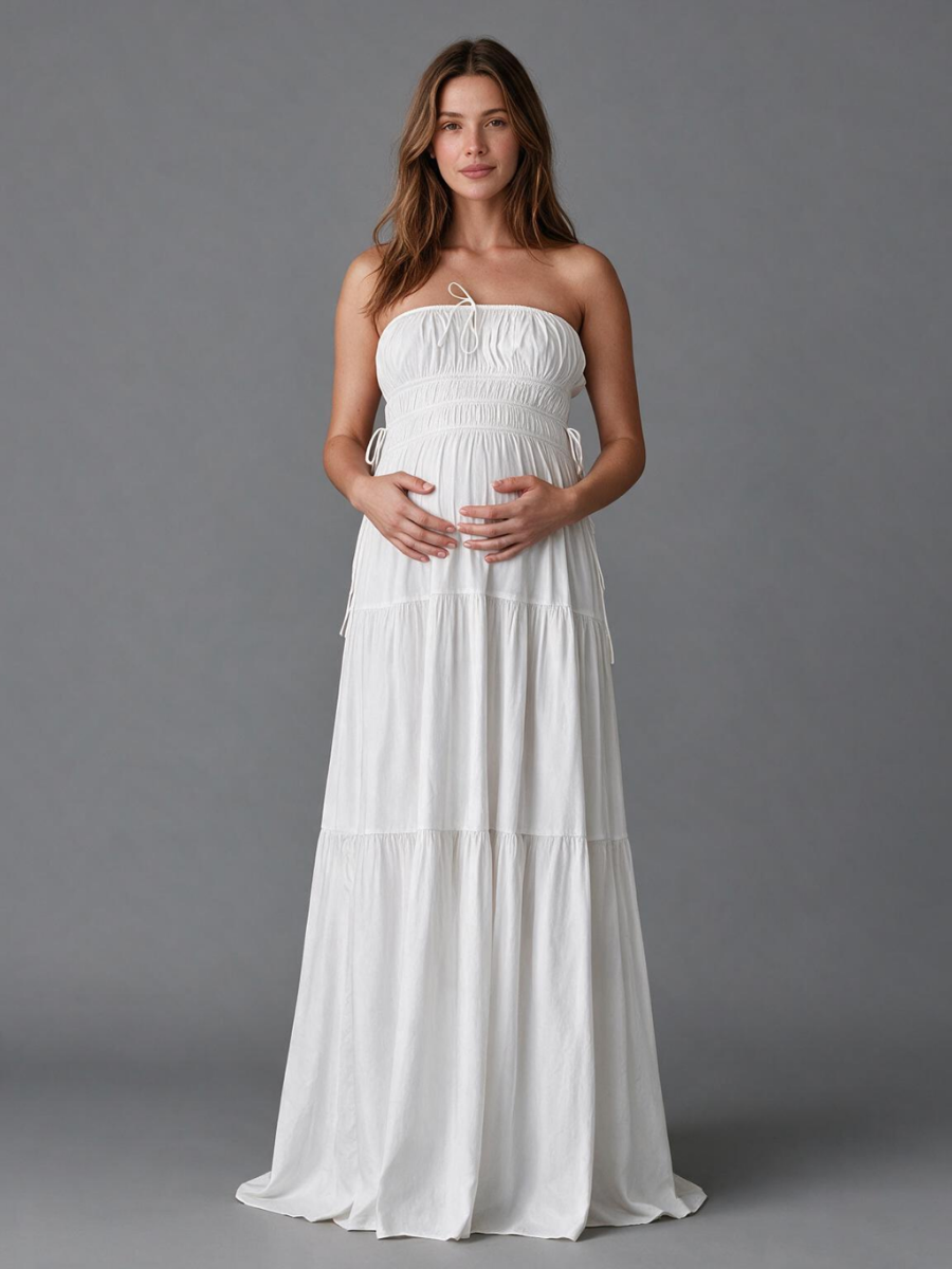 White Strapless Tie-Front  Maternity Baby Shower Dress