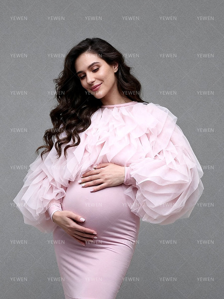Pink Mermaid Maternity Dress Photoshoot Ruffles Coat 2 Piece Set