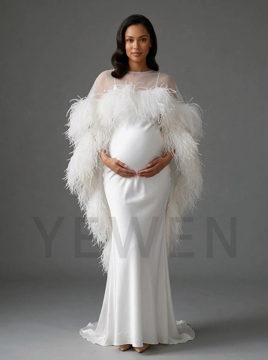 7-Layer Ostrich Feather Cape White Maternity Baby Shower DressYD261018