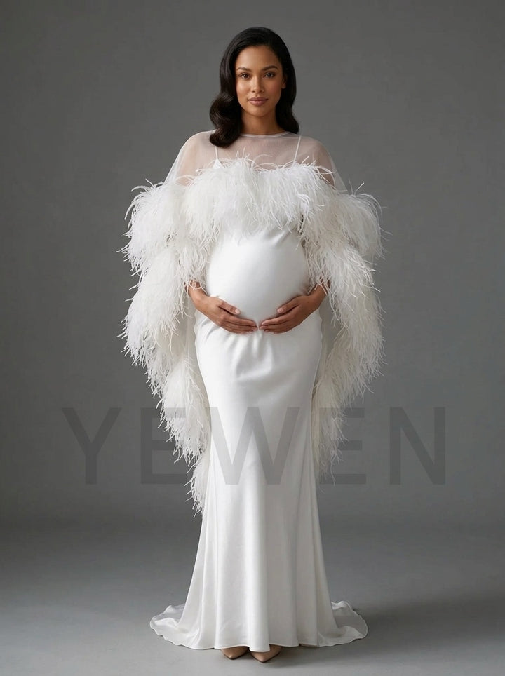 7-Layer Ostrich Feather Cape White Maternity Baby Shower DressYD261018