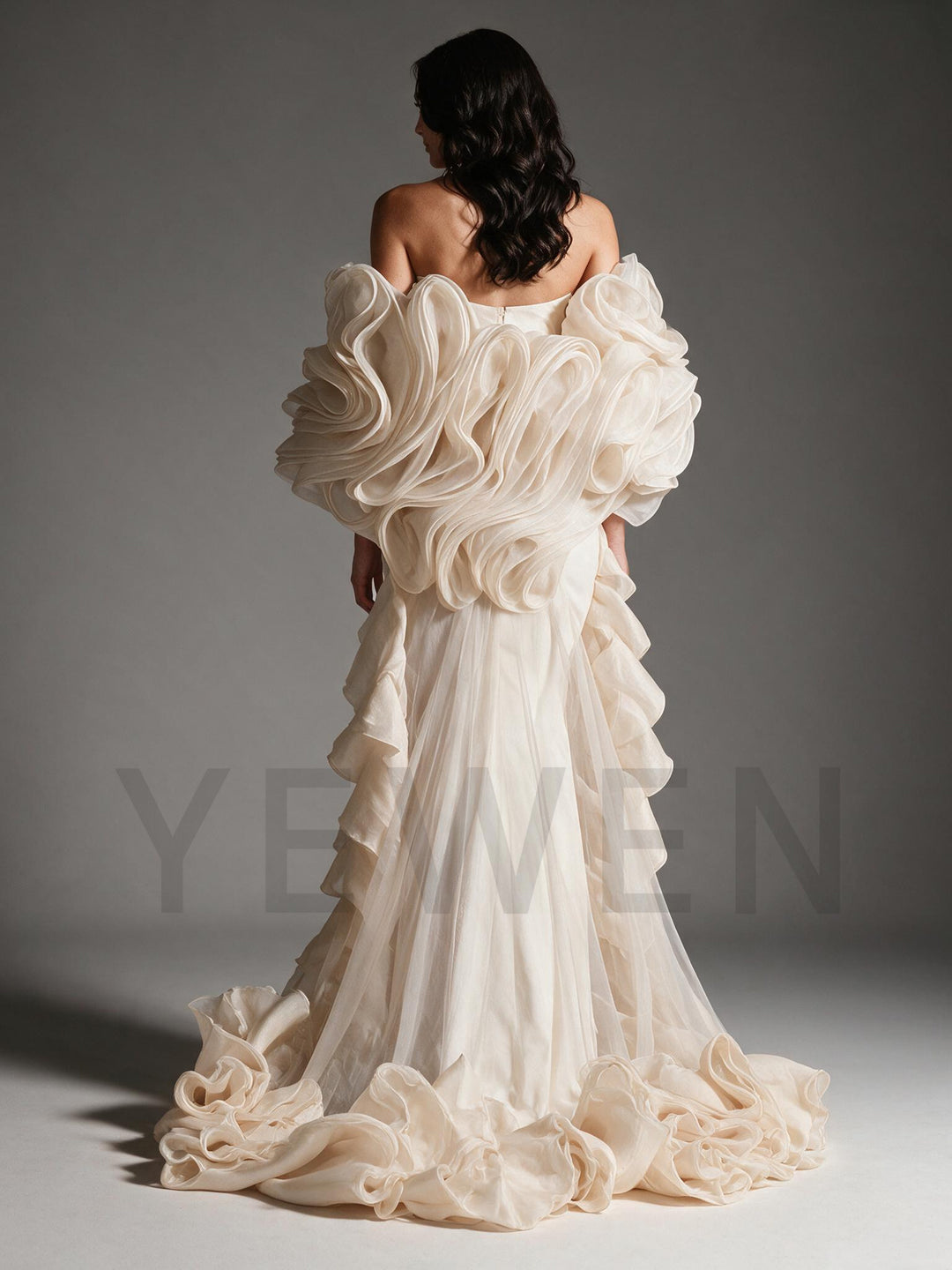 Strapless Ruffle Sleeve Mermaid Evening Gown with Long Train YW2609261