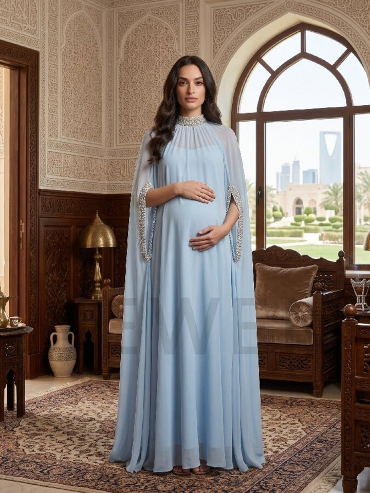 Mock Neck Rhinestone Cape Sleeve Maternity Baby Shower Dress YD261009