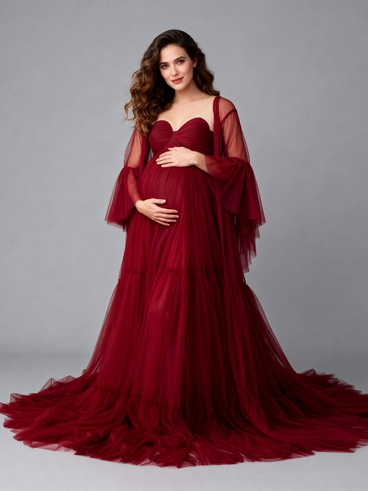 Burgundy Tulle Maternity Gown for Photo Shoot Baby Shower