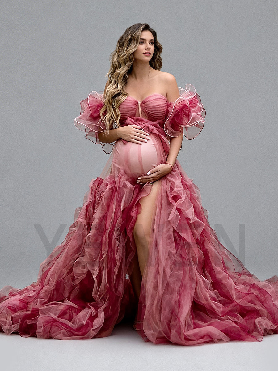 maternity layered dress Maternity Plunging Neck Layered Ruffle Sleeve Mermaid Dress Elonnashop