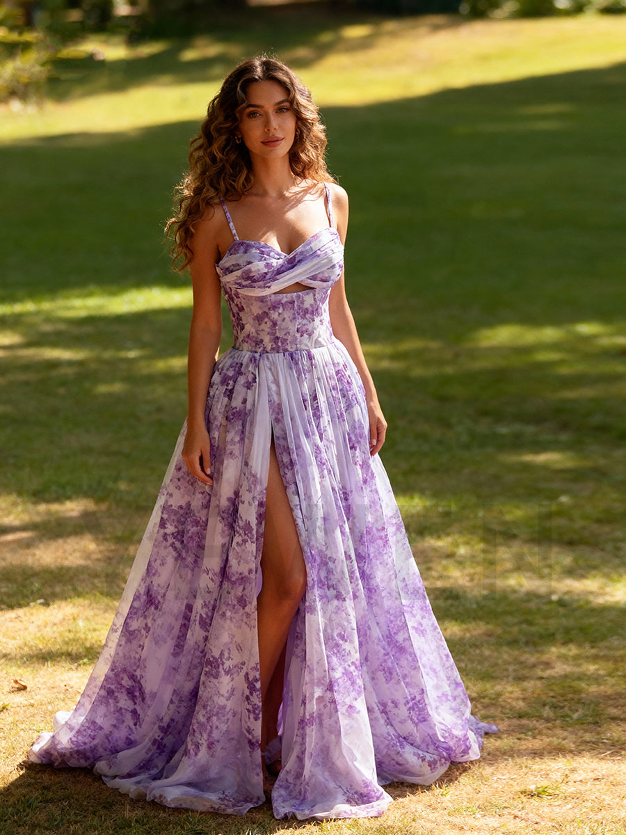 Purple Floral Print Tulle Prom Dress Spaghetti Strap Side Split Evening Dress