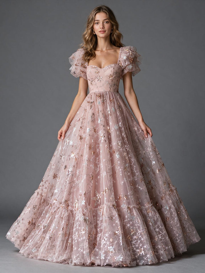 Pink Star Sequin Puff Sleeve Tiered Ruffle Princess Dress YW2610137