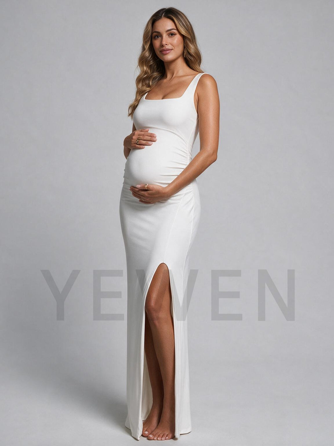 Square Neck Fitted Sleeveless High Slit Maternity Baby Shower Dress