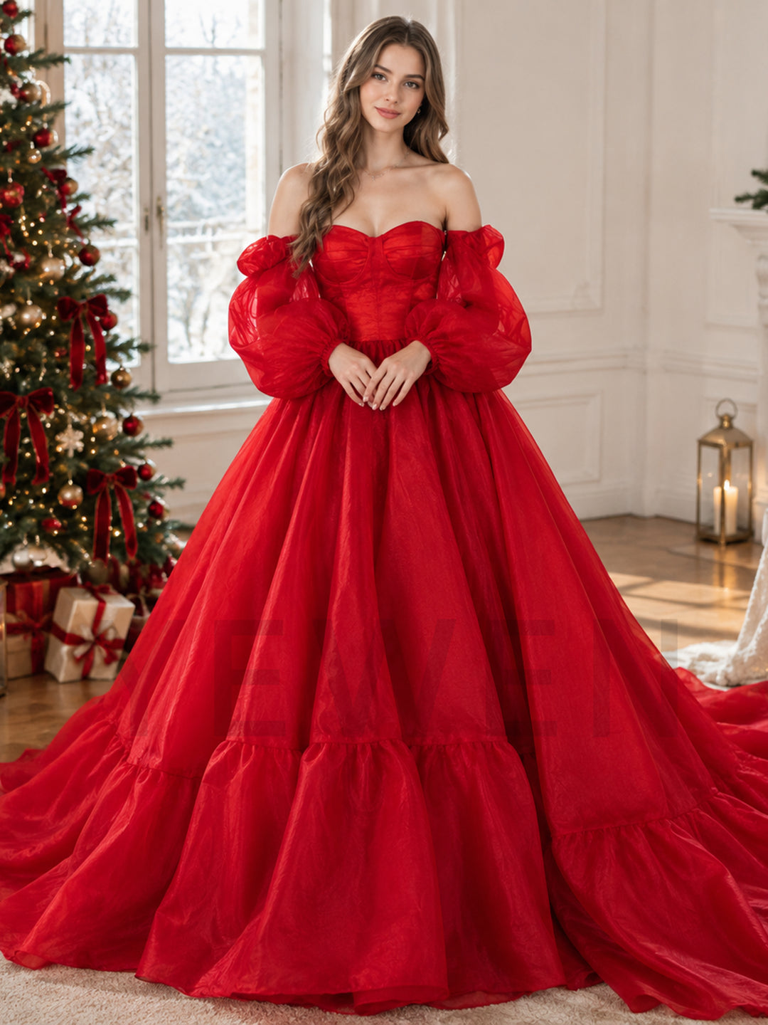Off-Shoulder Puff Sleeves Layered Ruffle Christmas DressYW2610086