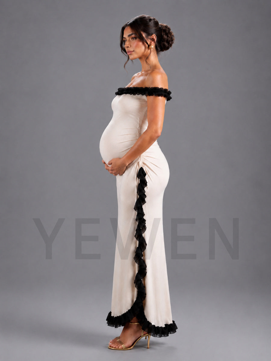 Ivory Off-Shoulder Black Ruffle Trim Maternity Baby Shower Dress L-26925