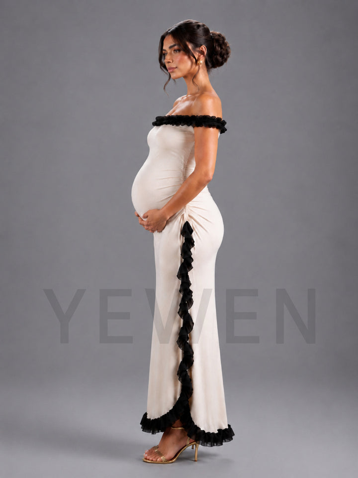 Ivory Off-Shoulder Black Ruffle Trim Maternity Baby Shower Dress L-26925