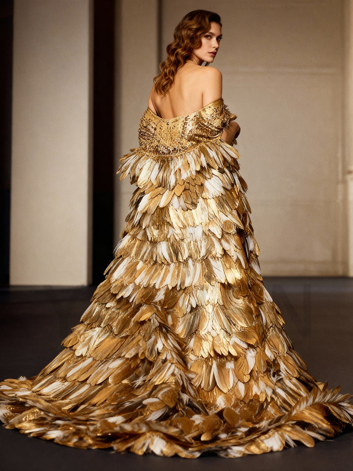 Gold Color Long Train Crystal Beads Wedding Cape Yewen