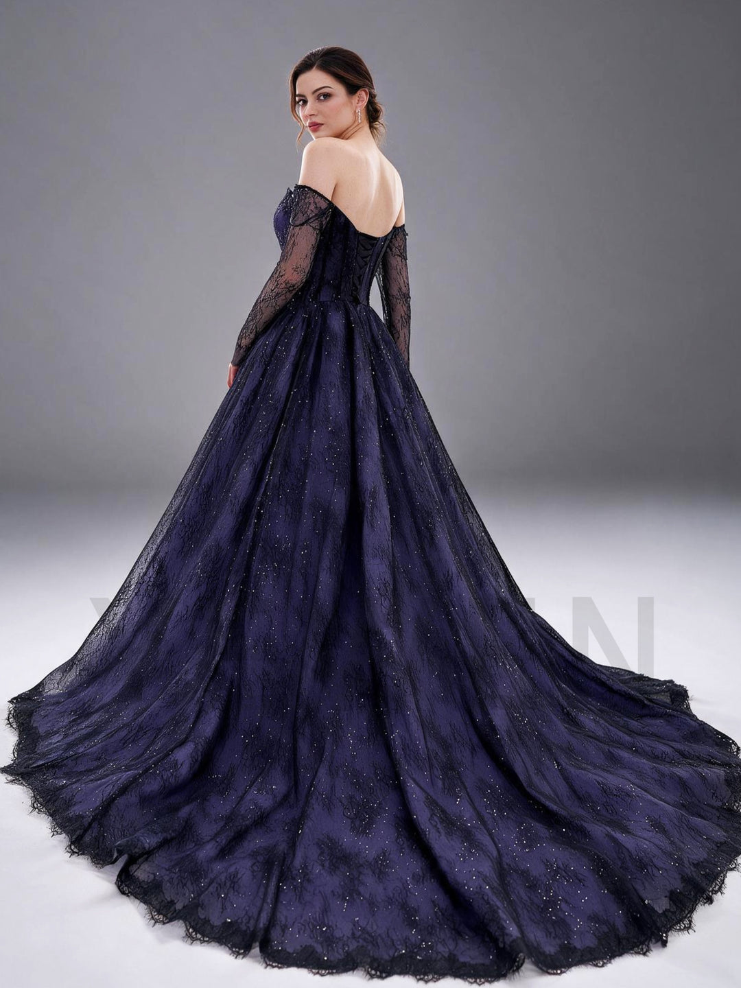 Navy Purple Off-Shoulder Long Sleeve Corset Lace Evening Gown YX26106