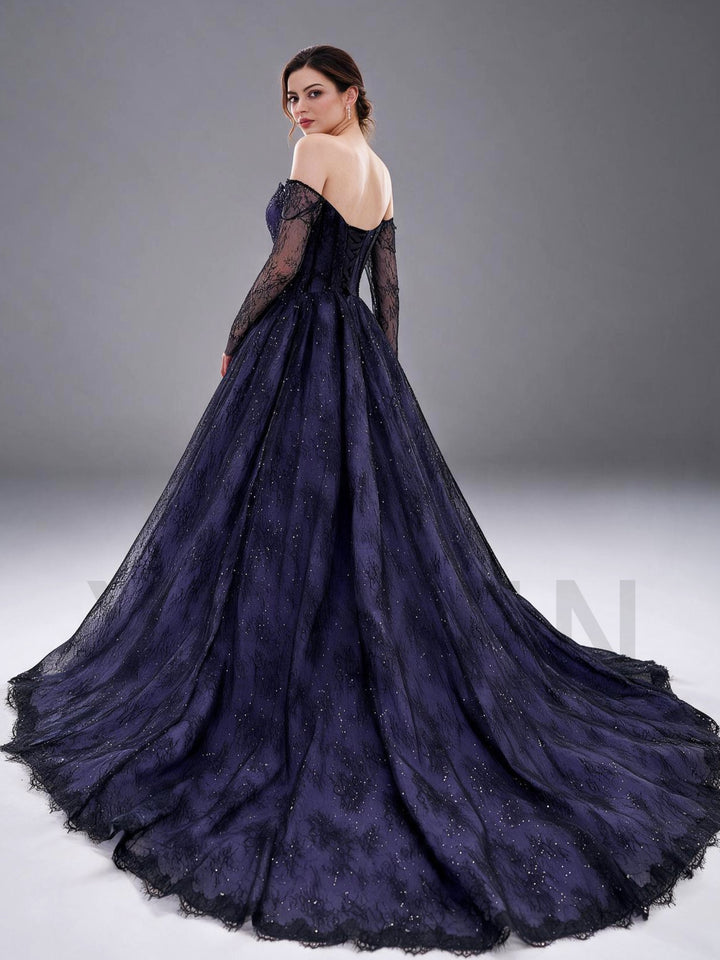 Navy Purple Off-Shoulder Long Sleeve Corset Lace Evening Gown YX26106