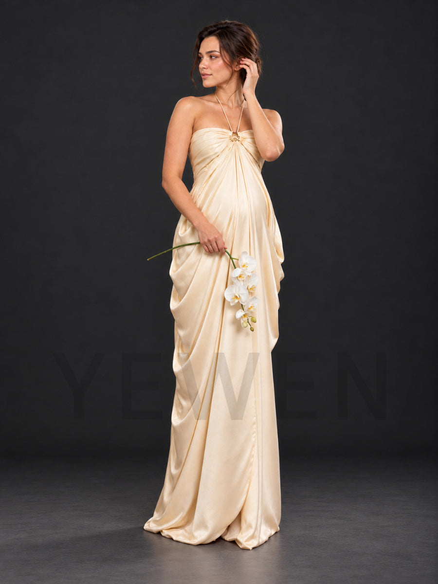 Draped Satin Halter Strapless Maternity Gown for Photoshoot HA261005