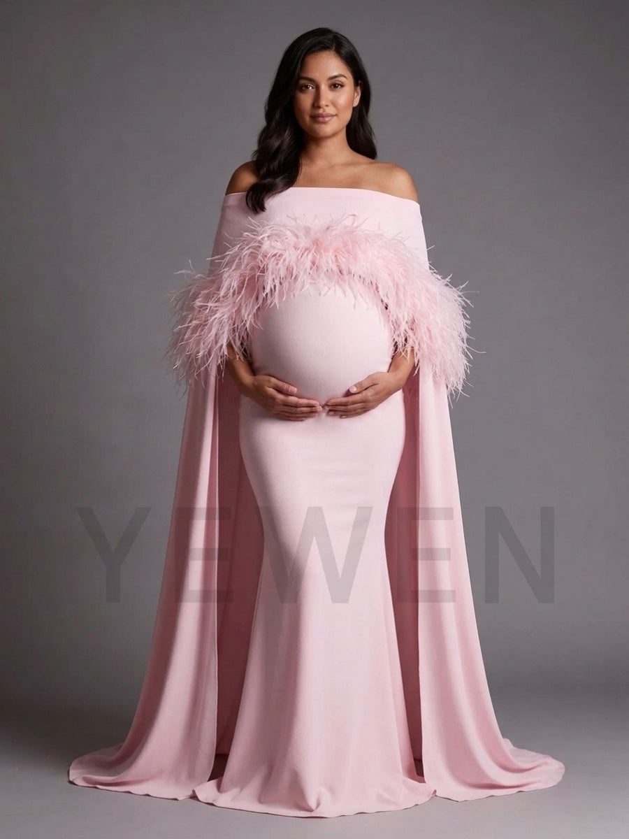 Off-Shoulder Feather Cape Pregnancy Dress for Baby Shower YW2609232
