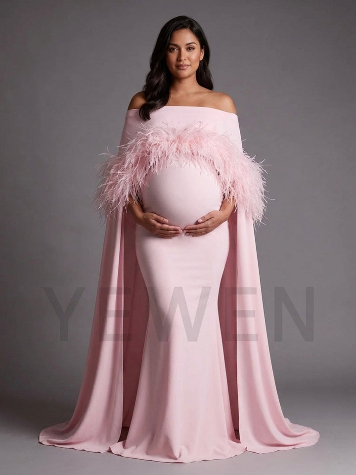 Off-Shoulder Feather Cape Pregnancy Dress for Baby Shower YW2609232