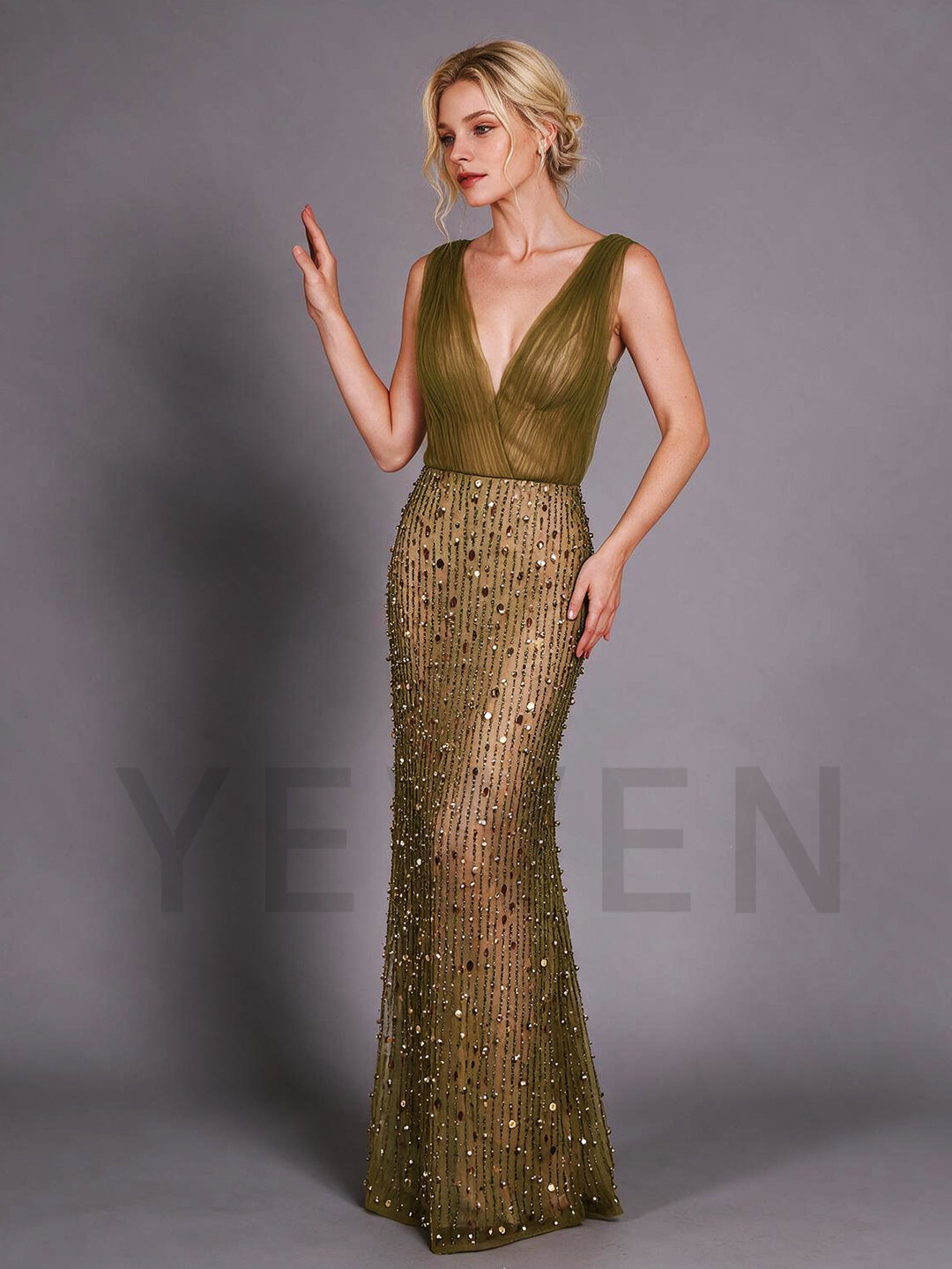 Olive Green Deep V-Neck Sheer Bodice Sequin Evening Gown YX009