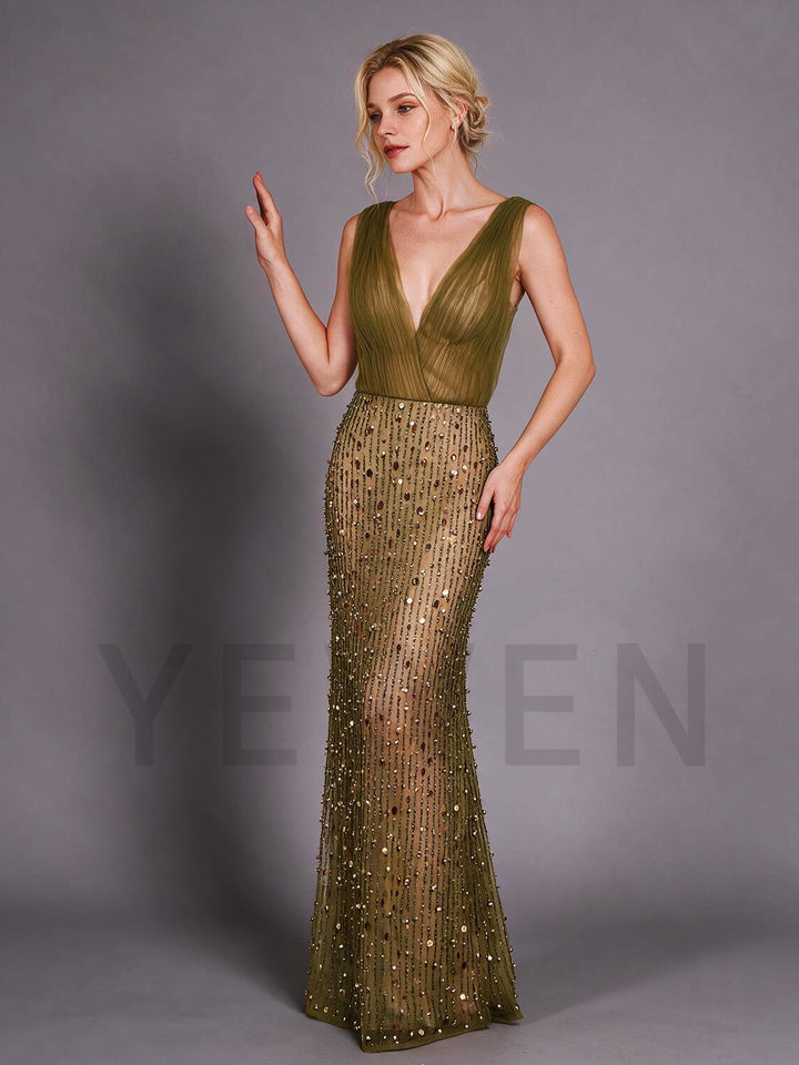 Olive Green Deep V-Neck Sheer Bodice Sequin Evening Gown YX009
